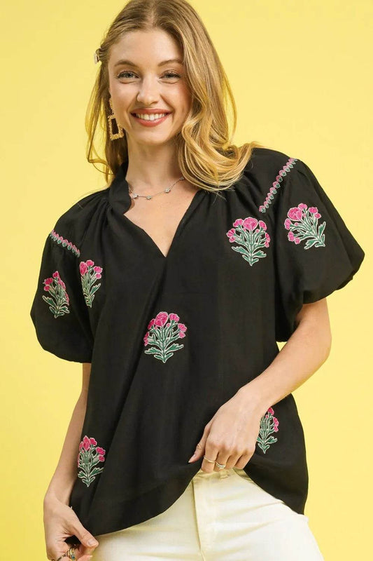 Umgee Floral Embroidered Puff Sleeve Blouse - Shop Style & More | Fresh Looks, Everyday Deals & Free Shipping