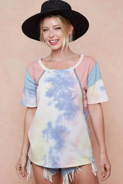 BiBi Tie Dye Printed Cotton Color Block T-Shirt - Shop Style & More | Fresh Looks, Everyday Deals & Free Shipping