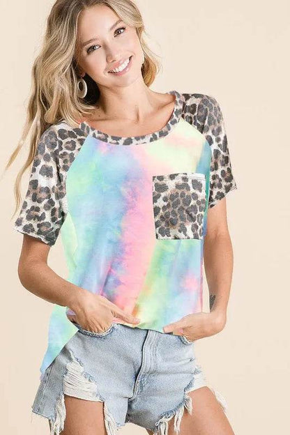 BiBi Tie Dye Knit Top with Leopard Raglan Sleeves - Shop Style & More | Fresh Looks, Everyday Deals & Free Shipping