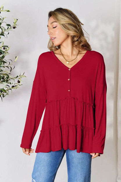 Double Take Half Button Long Sleeve Ruffle Hem Blouse - Shop Style & More | Fresh Looks, Everyday Deals & Free Shipping