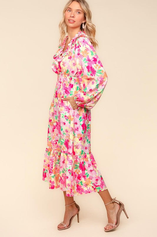 Haptics Full Size Floral Surplice Balloon Sleeve Dress with Side Pockets Casual Dresses