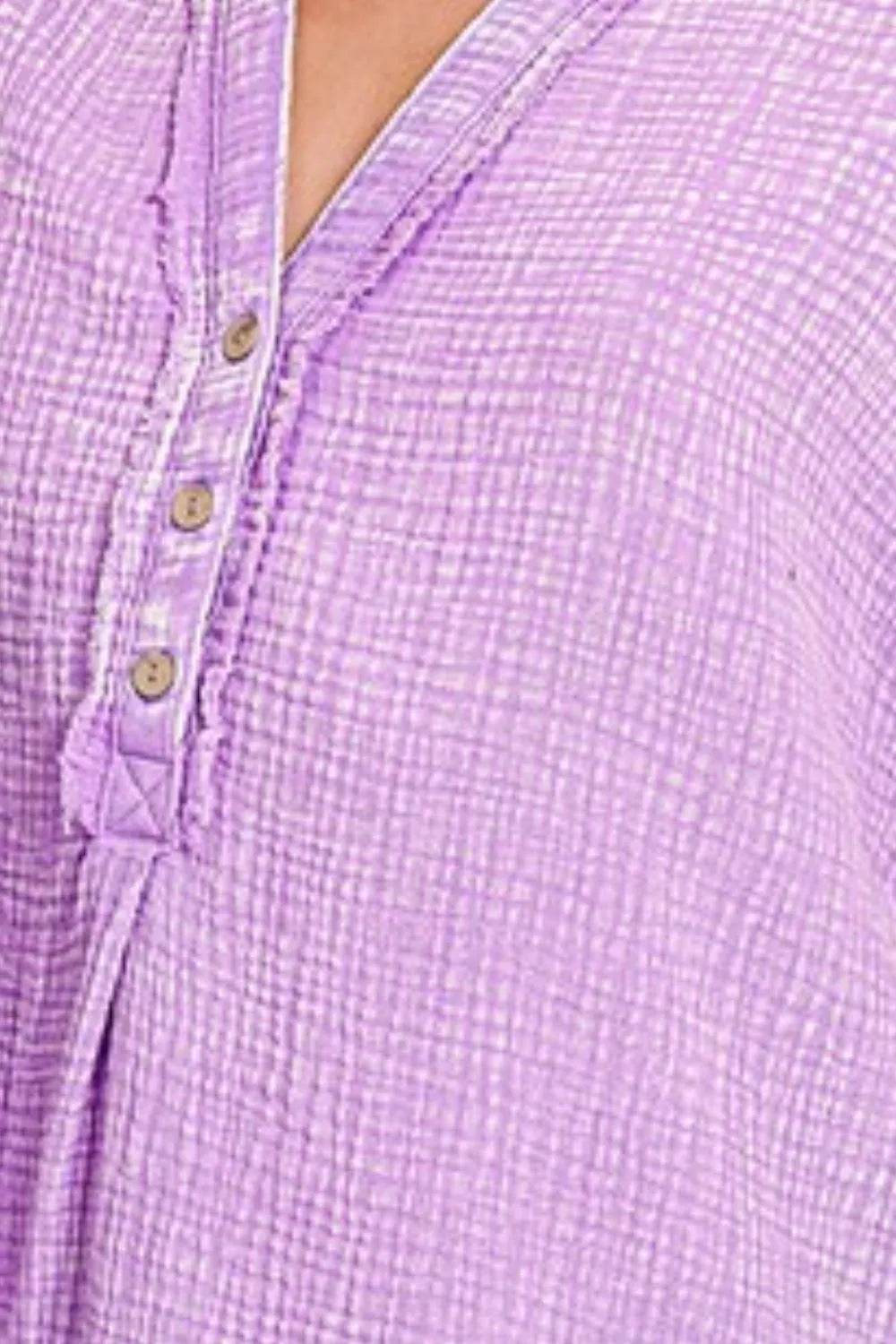 Zenana Washed Double Gauze 3/4 Button Henley Neck Shirt - Shop Style & More | Fresh Looks, Everyday Deals & Free Shipping