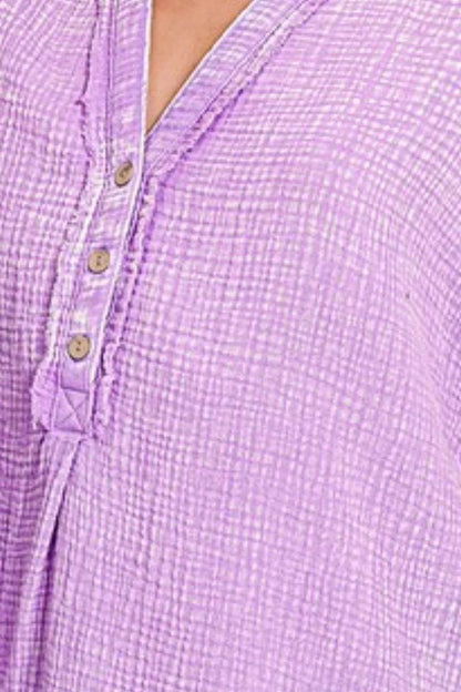 Zenana Washed Double Gauze 3/4 Button Henley Neck Shirt - Shop Style & More | Fresh Looks, Everyday Deals & Free Shipping