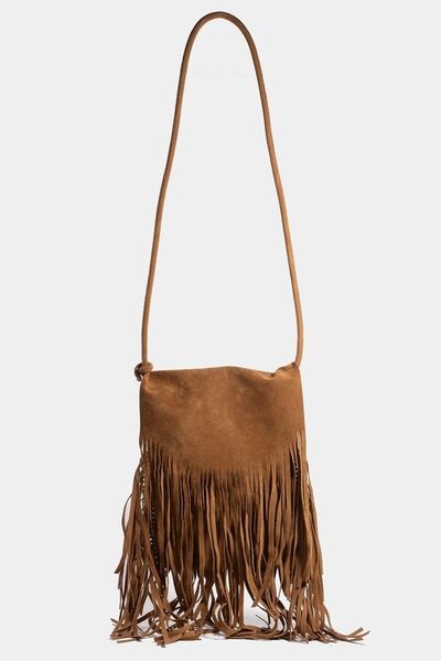 Fame Faux Suede Fringe Rectangle Crossbody Bag Caramel One Size Bags