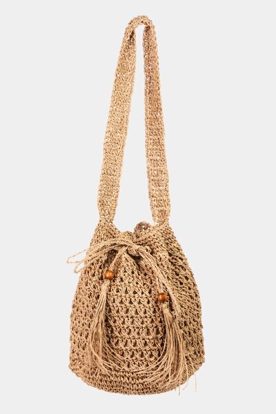 Fame Straw Braided Drawstring Tote Bag with Tassel KA One Size Bags