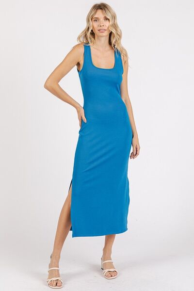 Mittoshop Side Slit Wide Strap Midi Tank Dress French Blue Casual Dresses