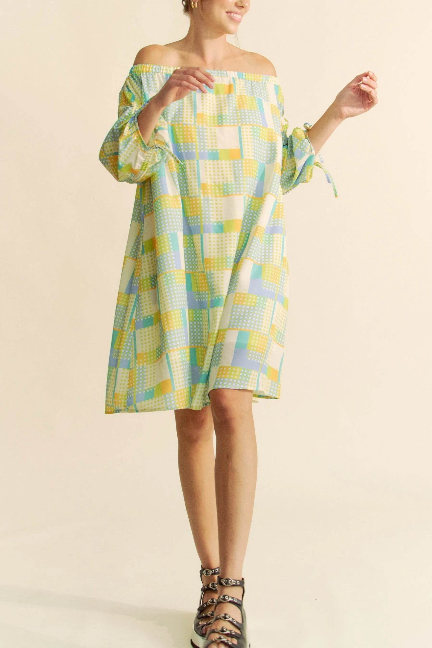 Davi & Dani Printed Off Shoulder Drawstring Sleeve Mini Dress - Shop Style & More | Fresh Looks, Everyday Deals & Free Shipping