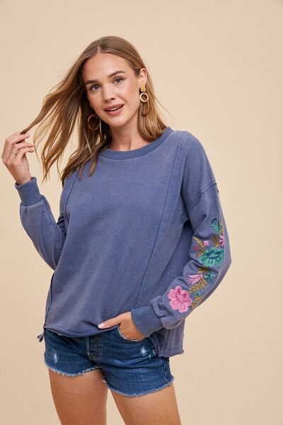 Annie Wear Embroidered Long Sleeve French Terry Top Washed Midnight Hoodies & Sweaters