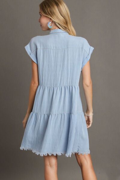 Umgee Frayed Hemline Button Down Shirt Dress Casual Dresses