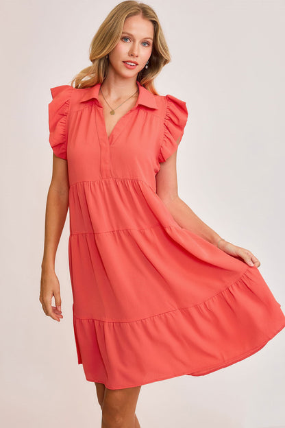 Umgee Full Size Johnny Collar Ruffle Cap Sleeve Tiered Dress Plus Size Strawberry Casual Dresses