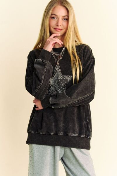 Davi & Dani Stud Star Patch Acid Washed Sweatshirt Hoodies & Sweaters