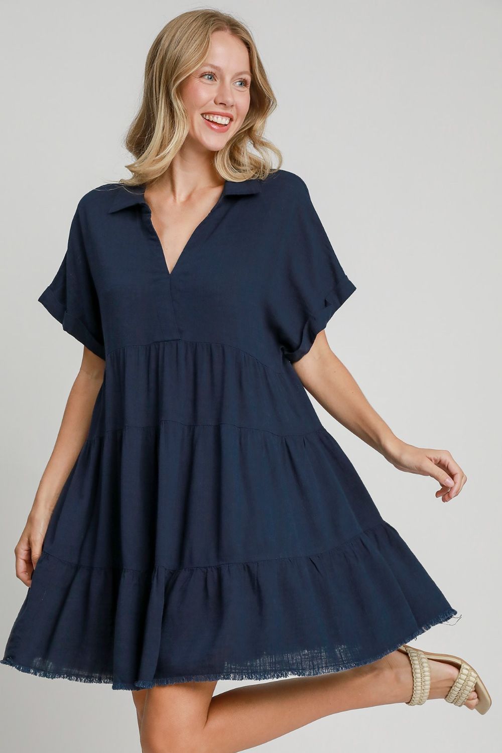 Umgee Full Size Raw Hem Folded Sleeve Tiered Dress Plus Size Casual Dresses