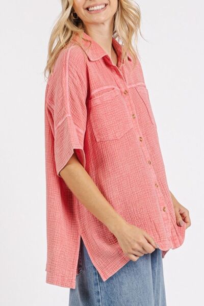 Mittoshop Mineral Wash Gauze Oversized Short Sleeve Shirt Blouses