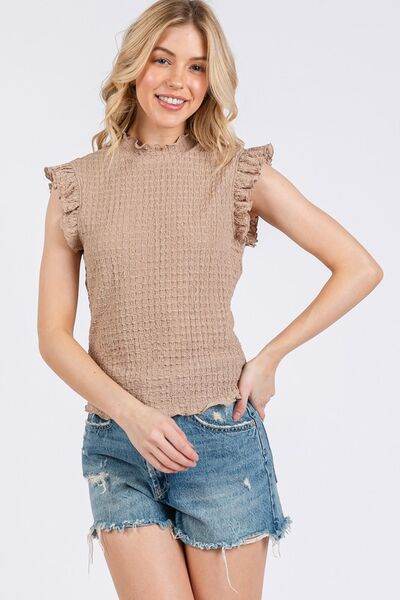 Ces Femme Texture Mock Neck Ruffle Cap Sleeve Blouse - Shop Style & More | Fresh Looks, Everyday Deals & Free Shipping