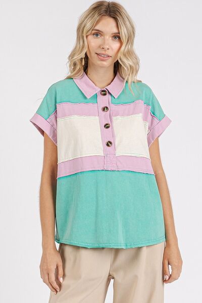 Mittoshop Color Block Henley Short Sleeve Polo Shirt Seafoam Blouses