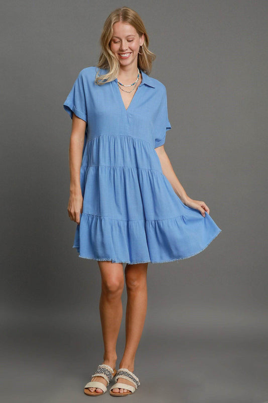 Umgee Full Size Raw Hem Folded Sleeve Tiered Dress Plus Size - Shop Style & More | Fresh Looks, Everyday Deals & Free Shipping