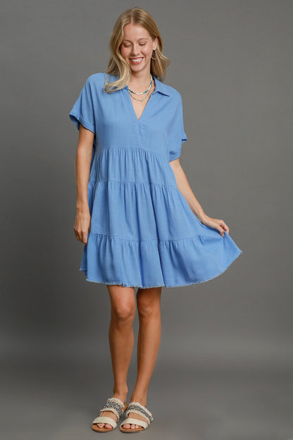 Umgee Full Size Raw Hem Folded Sleeve Tiered Dress Plus Size Sky Blue Casual Dresses