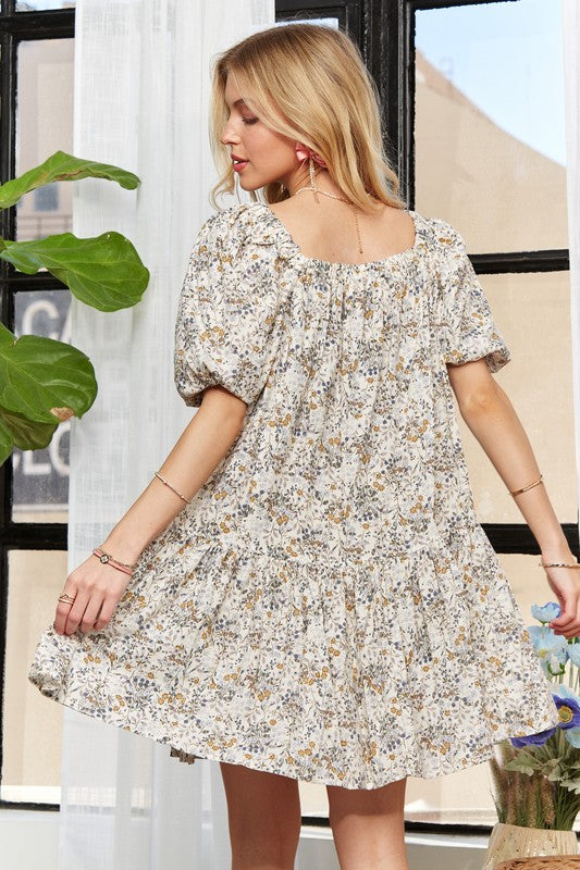 ADORA Floral Square Neck Puff Sleeve Dress Casual Dresses