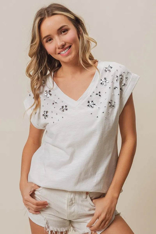 BiBi Slub Jersey Rhinestone V Neck Top - Shop Style & More | Fresh Looks, Everyday Deals & Free Shipping