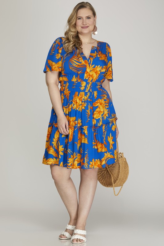 She + Sky Full Size Printed Notched Short Sleeve Frill Tiered Dress Plus Size Casual Dresses