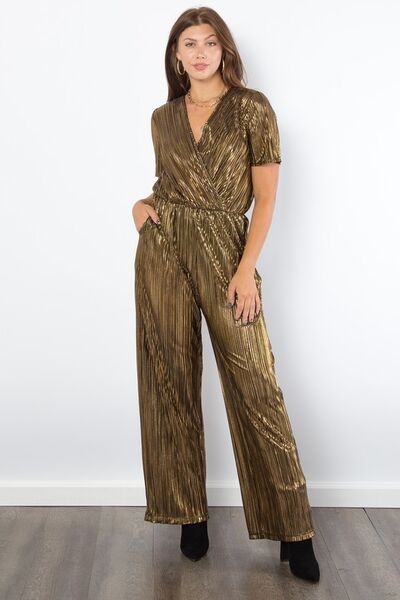 Be Stage Foil Pleated Jumpsuit with Surplice Short Sleeves Gold Jumpsuits