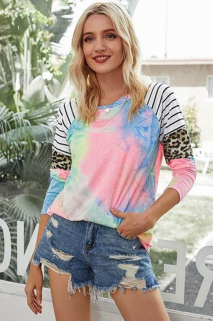 Crew Neck Patchwork Tie Dye Fit Loose Shirt - Shop Style & More | Fresh Looks, Everyday Deals & Free Shipping