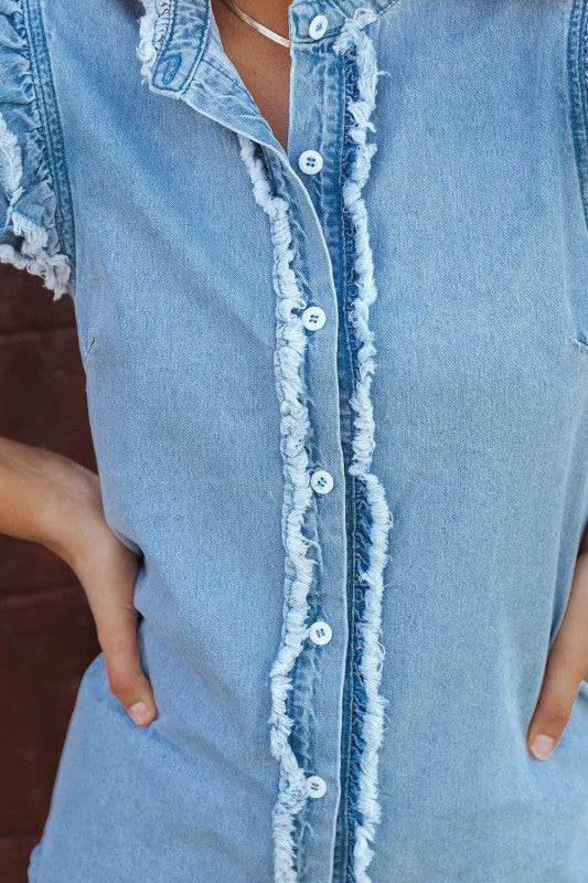 Ashlyn Ruffled Flutter Frayed Denim Top - Shop Style & More | Fresh Looks, Everyday Deals & Free Shipping