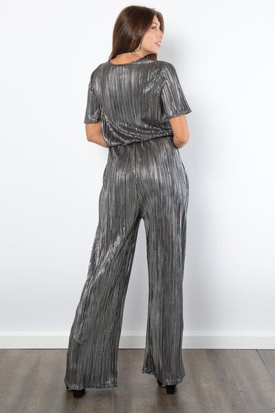 Be Stage Surplice Short Sleeve Pleated Foil Jumpsuit Jumpsuits