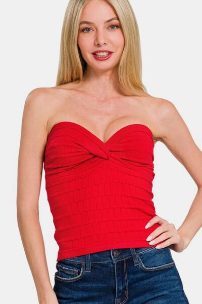 Zenana Ruched Twisted Sweetheart Neck Top Red Top - Femme & Flirty