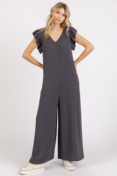 Mittoshop V-Neck Ruffled Jumpsuit with Cap Sleeves and Wide Leg Design Jumpsuits