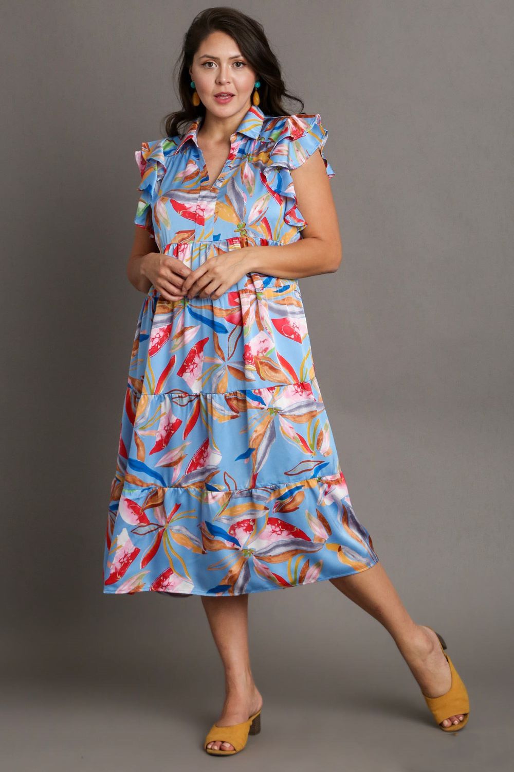 Umgee Full Size Leaf Print Double Layered Ruffle Sleeve Tiered Midi Dress Plus Size Casual Dresses