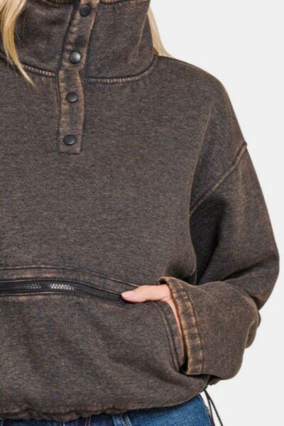 Zenana Acid Wash Fleece Half Snap Sweatshirt with Pocket Hoodies & Sweaters