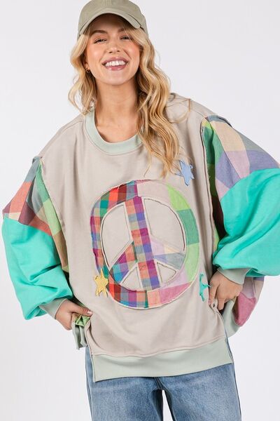 SAGE + FIG Contrast Peace Patch Dropped Shoulder Sweatshirt Hoodies & Sweaters