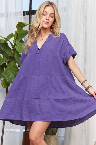 ADORA Tiered Notched Short Sleeve Dress Purple Casual Dresses