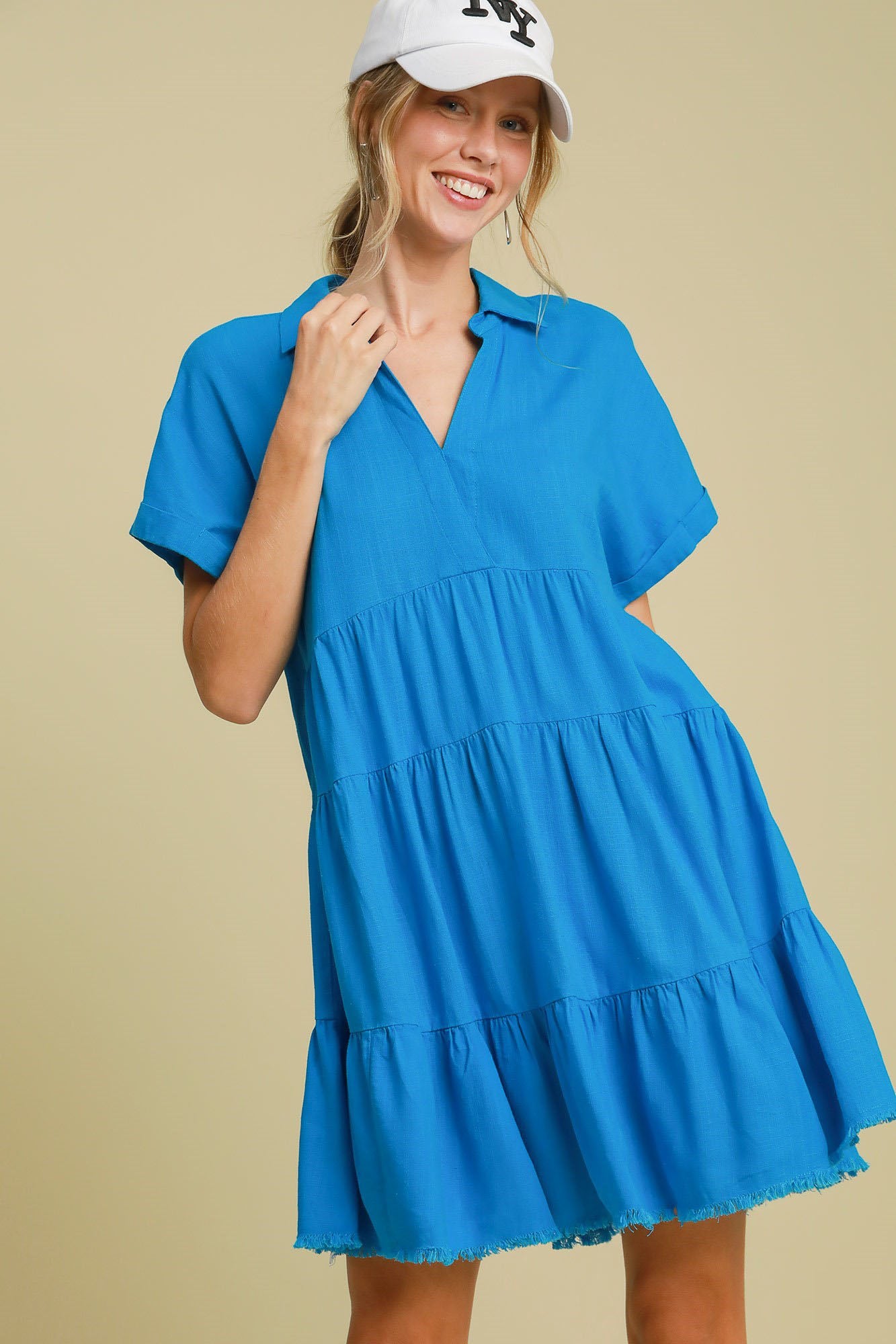 Umgee Full Size Raw Hem Folded Sleeve Tiered Dress Plus Size Blue Casual Dresses