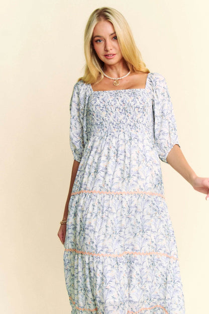 Davi & Dani Contrast Ric Smocking Bodice Tiered Midi Dress - Shop Style & More | Fresh Looks, Everyday Deals & Free Shipping
