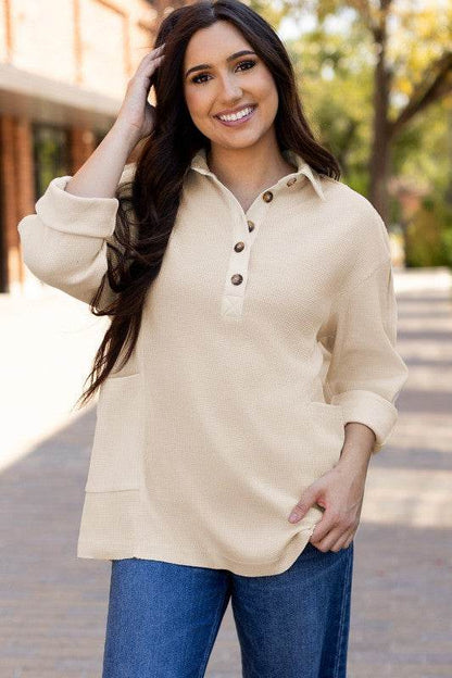 Arianna Waffle Half Button Top - Shop Style & More | Fresh Looks, Everyday Deals & Free Shipping