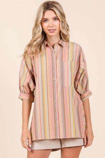 Mittoshop Striped Bubble Sleeve Button Down Shirt Blouses