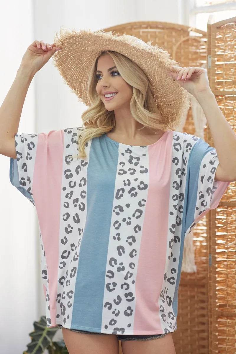 BiBi Leopard Stripe Printed French Terry Oversized Top - Shop Style & More | Fresh Looks, Everyday Deals & Free Shipping