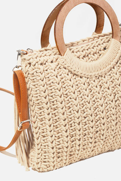 Fame Crochet Knit Convertible Tote Bag with Tassel Bags