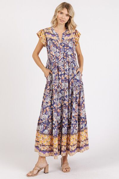 Mittoshop Floral Ruffled Notched Cap Sleeve Maxi Dress Casual Dresses