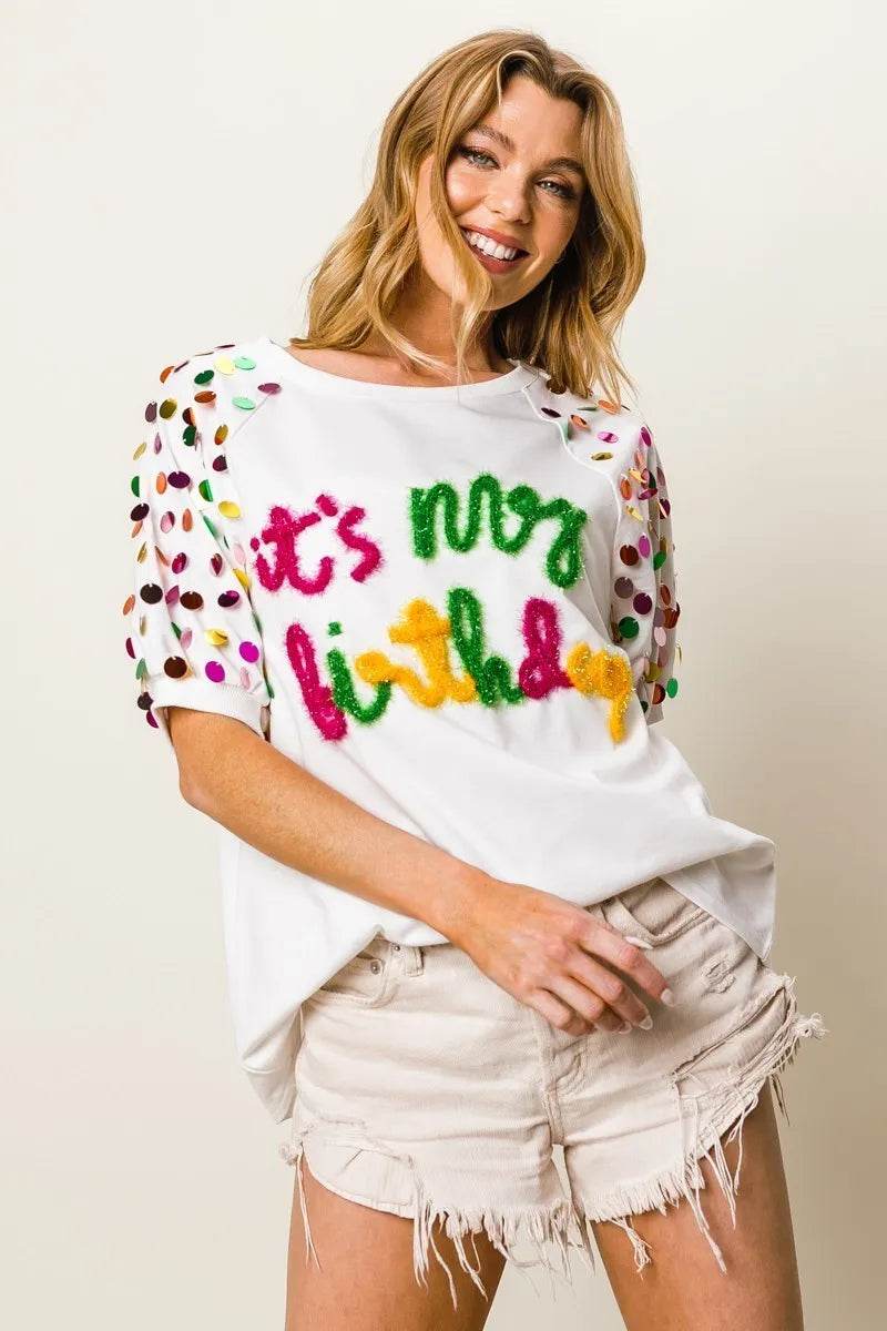 BiBi Metallic Letter Spangle Raglan Puff Sleeve Top - Shop Style & More | Fresh Looks, Everyday Deals & Free Shipping