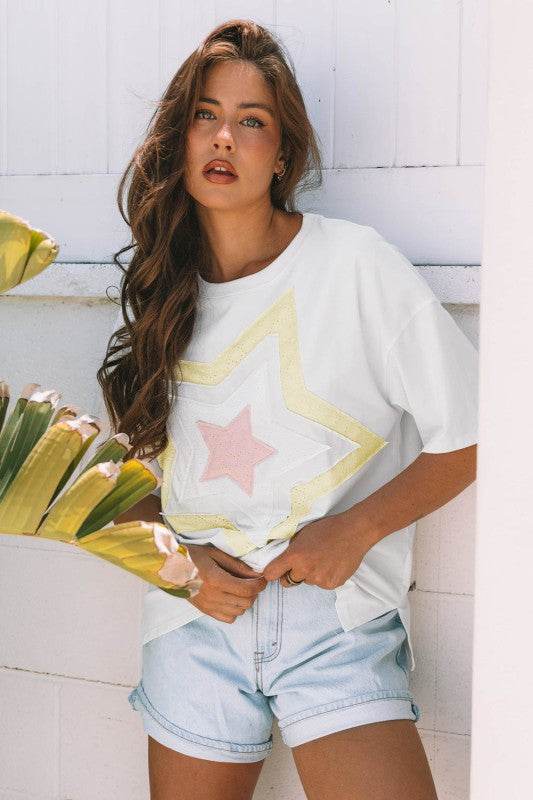 Lisa Layered Star Patched Half Sleeve Loose Top - Shop Style & More | Fresh Looks, Everyday Deals & Free Shipping