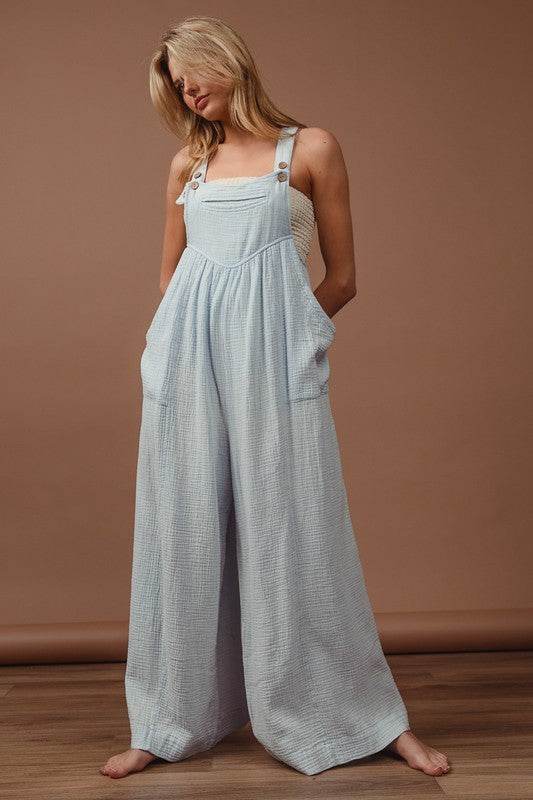 BiBi Vintage Washed Crinkle Gauze Wide Leg Overalls - Shop Style & More | Fresh Looks, Everyday Deals & Free Shipping