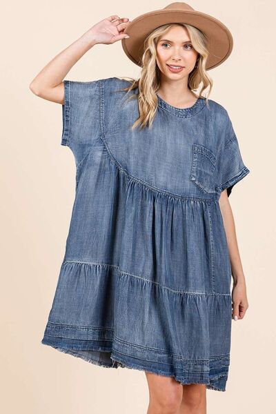 Mittoshop Washed Chambray Denim Oversized Tier Mini Dress Casual Dresses