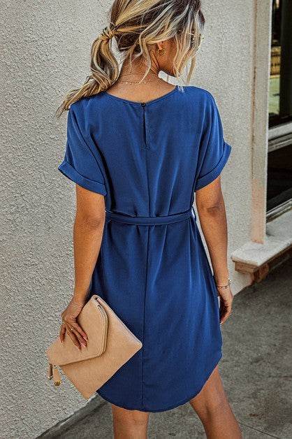 Solid Round Neck Tie Waist Belt Fit Dress - Shop Style & More | Fresh Looks, Everyday Deals & Free Shipping