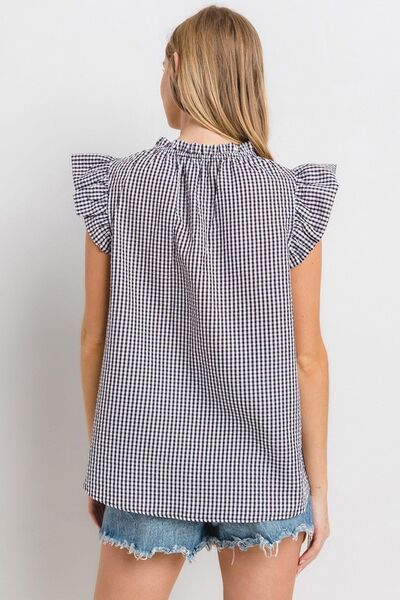 Ces Femme Plaid Notched Ruffled Cap Sleeve Blouse Blouses