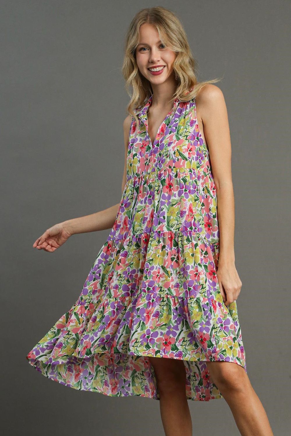 Umgee Full Size High-Low Hem Floral Sleeveless Tiered Dress Plus Size VIOLETMIX Casual Dresses