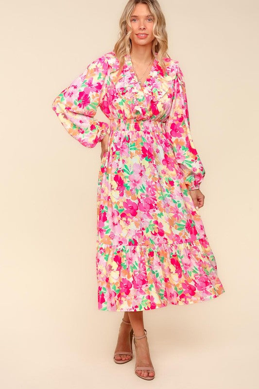 Haptics Full Size Floral Surplice Balloon Sleeve Dress with Side Pockets Multicolor Casual Dresses