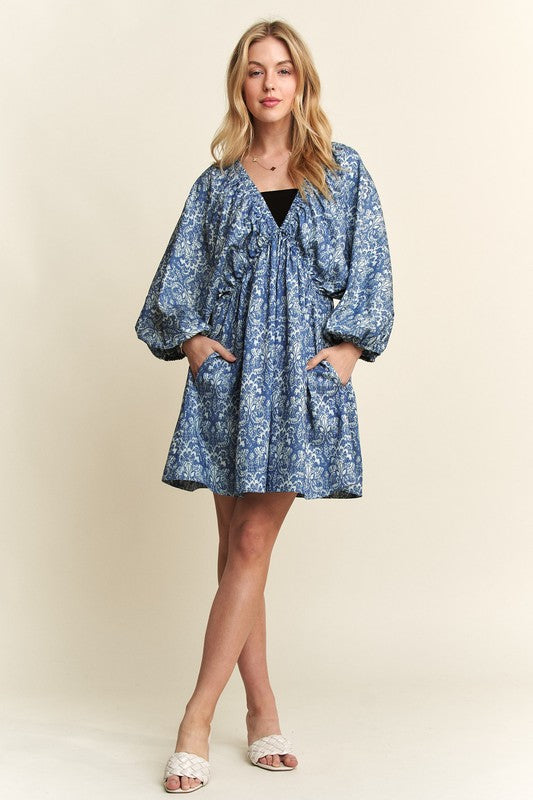 ADORA Printed V-Neck Batwing Sleeve Mini Dress Casual Dresses